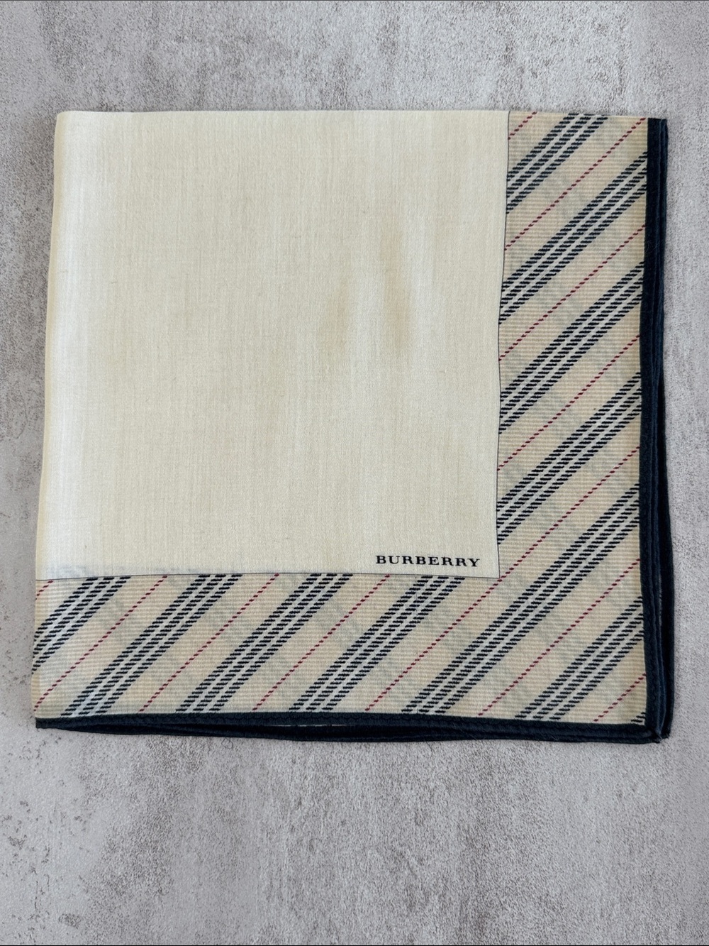 Burberry Cream Center Striped Beige & Black Border cotton Pocket Square - Picture 3 of 4